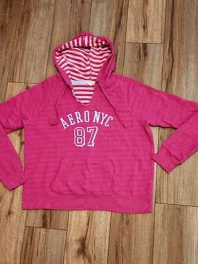 Aeropostale Pink W/Interior Stripes Hooded Top Women's Size XL Kangaroo  Pockets
